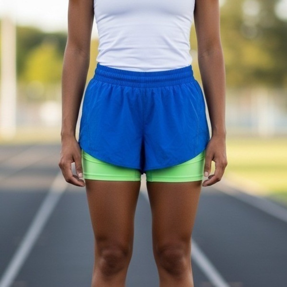 Fabletics Womens Blue Neon Green 2-in-1 Running Shorts